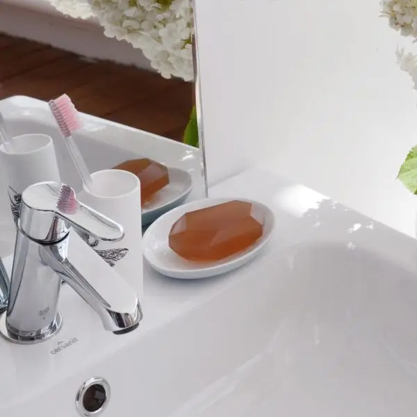soap on wash basin with tooth brush